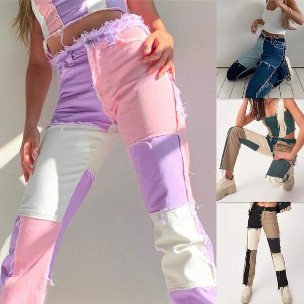 Fashion bag02 Mode Dames Hoge Taille Straten Patchwork Jeans Rechte Slanke Dames Denim Broek Magere Broek