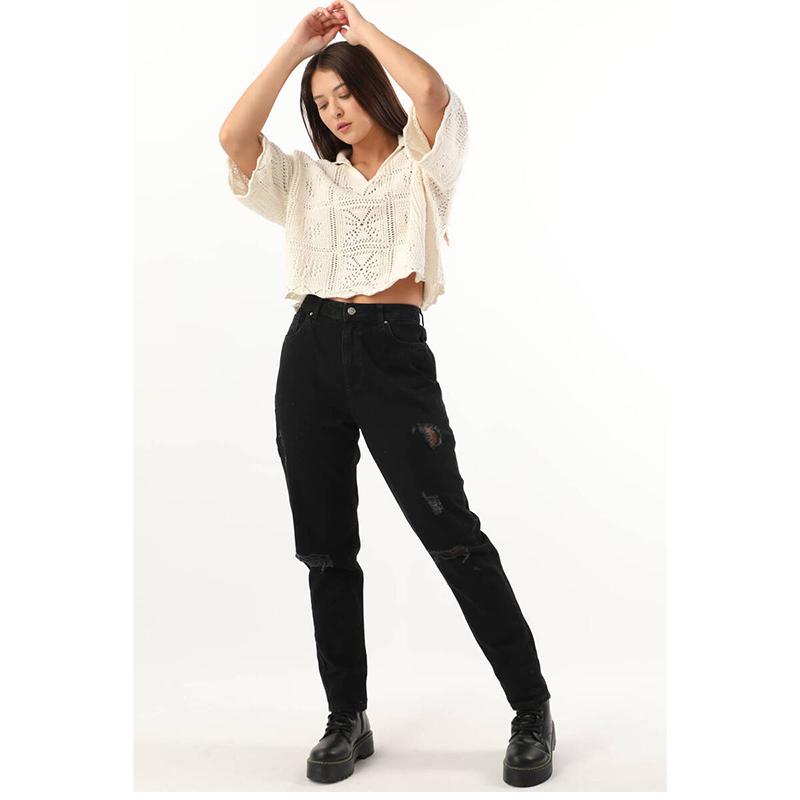 Banny Jeans Mom Jean-broek voor dames met hoge taille en kniescheuren, zwart