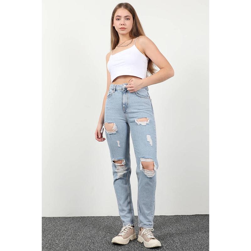Blue White Vrouwen Hoge Taille Rip Gedetailleerde Straight Fit Jeans Ice Blue