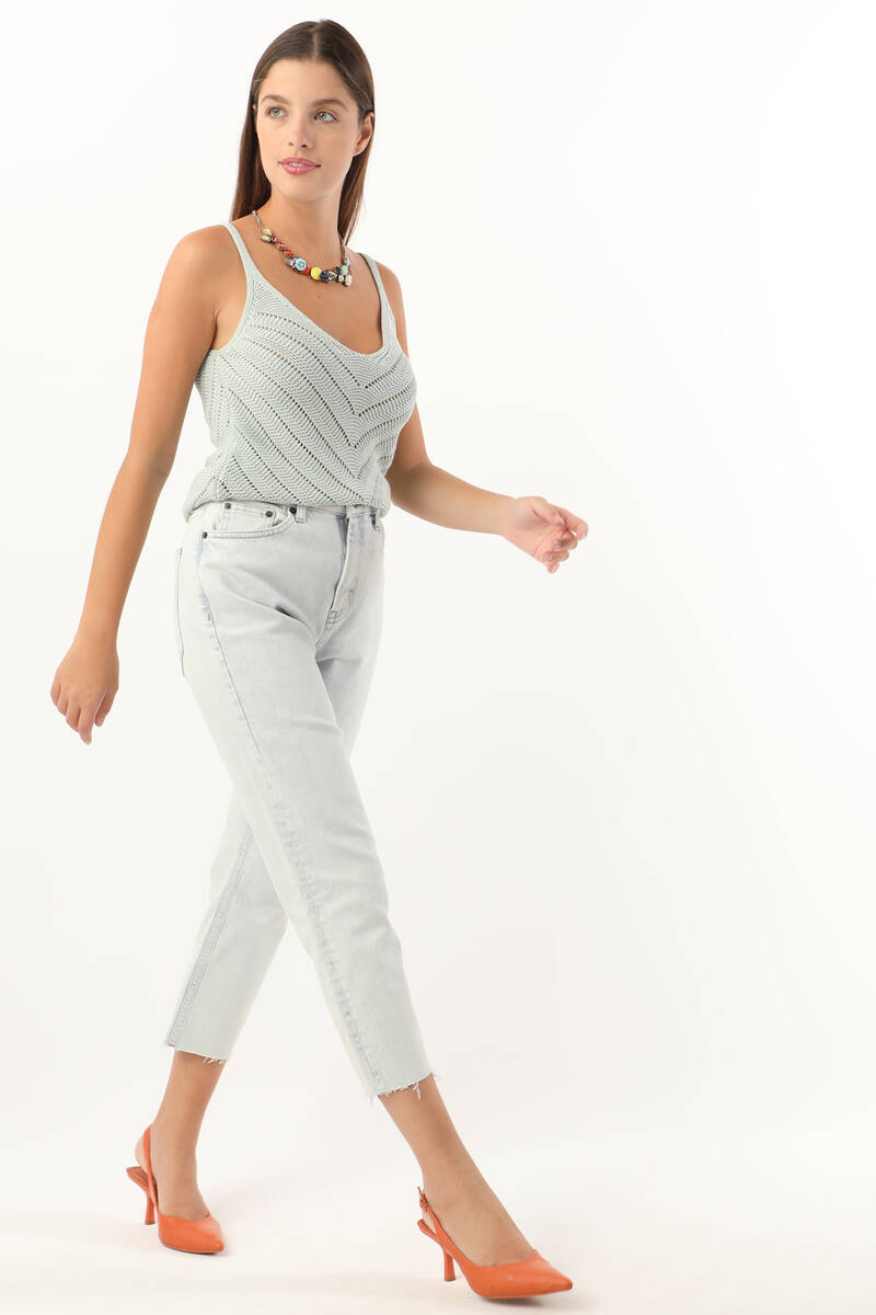 Blue White Cropped jeansbroek voor dames met hoge taille, lichtblauw