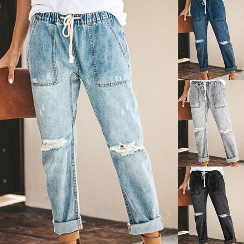 Miss Hong Wardrobe Dames losse gescheurde jeans Mode denim lange broek met veters Vrouwelijke boyfriend jeans