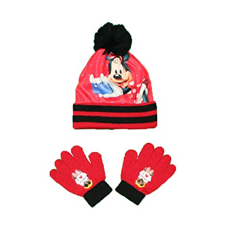 Kids Paradise Minnie Girl's Pom Pom Beanie + Handschoenen Set, PONPOM ZWART, One Size
