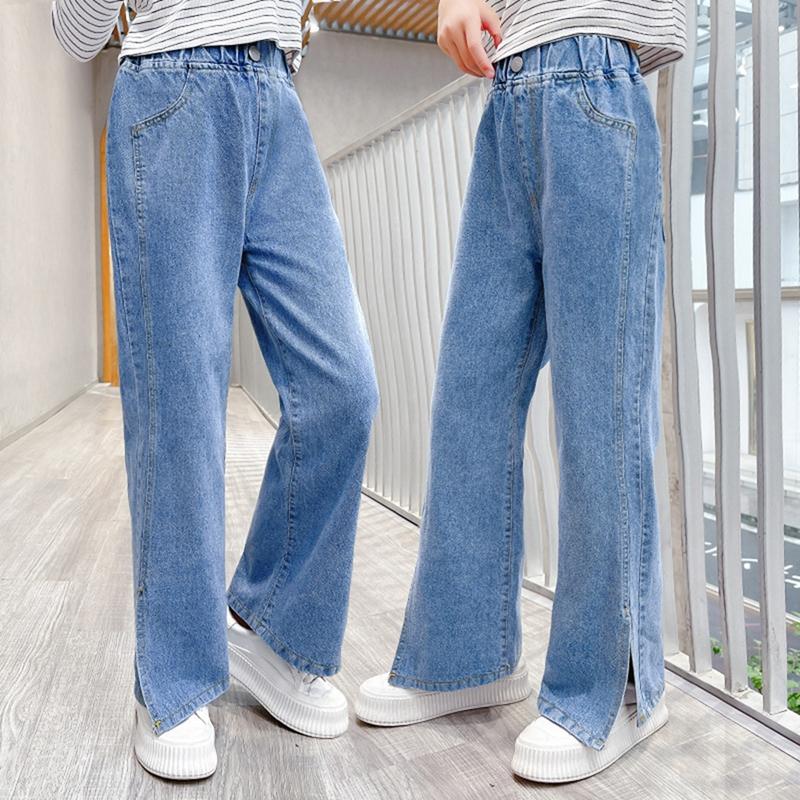 Selfyi Blauwe jeans voor kinderen met wijde pijpen, jeans voor meisjes, denimbroek met beenopening