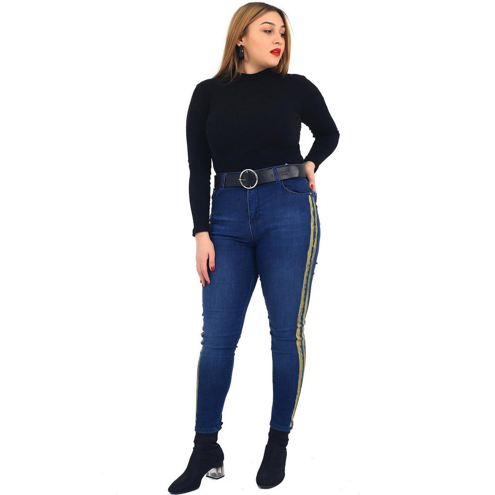 Fierte Women's Large Size Pants Rg1430Yk Jean High Waist Slim Leg Stripe Detail Zipper Closure Buttoned Jeans Cotton Navy Blue