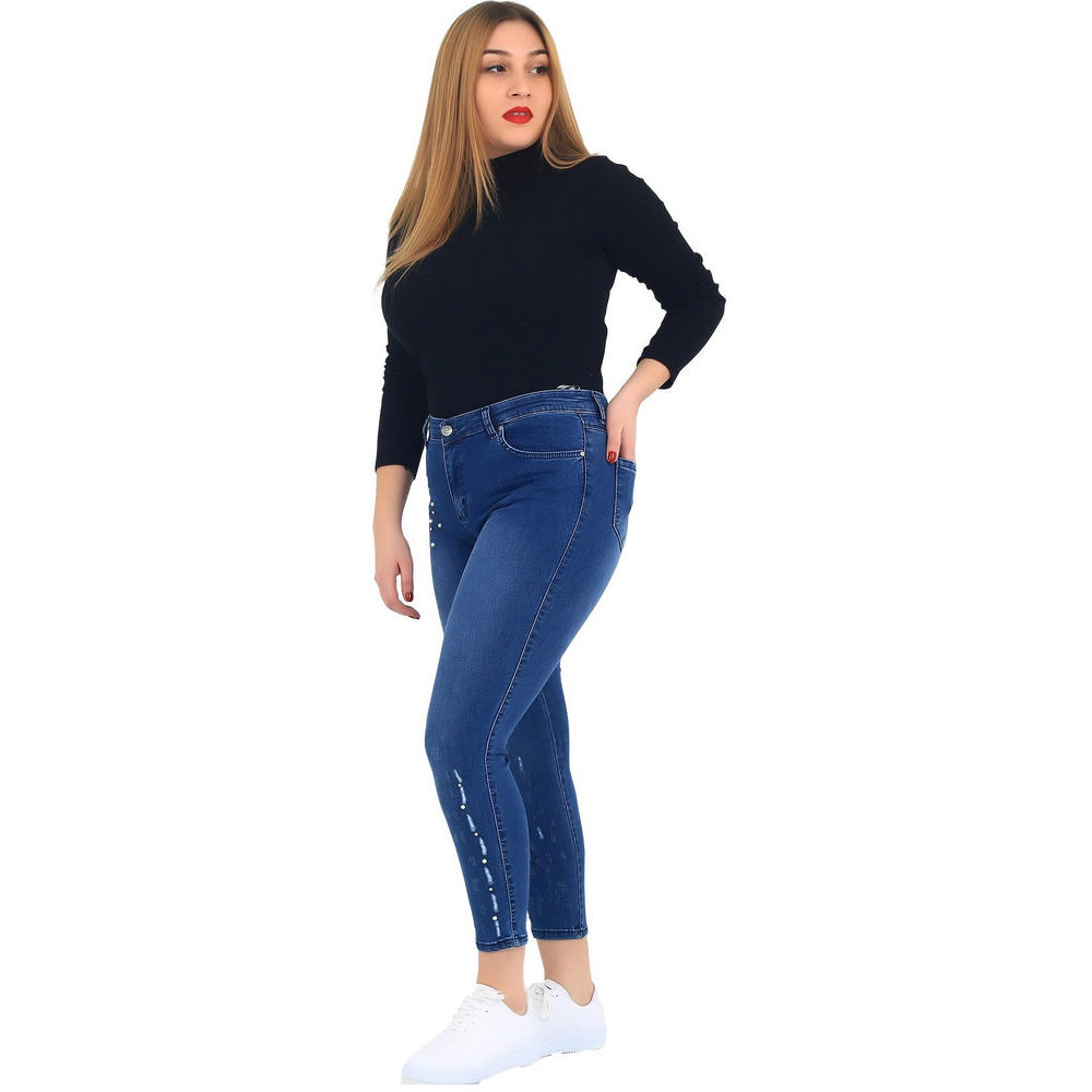 Fierte Women's Trousers Nvr3077 Normal Waist Zipper Closure Slim Leg Pearl Stone Detail Cotton Sport Pocket Blue