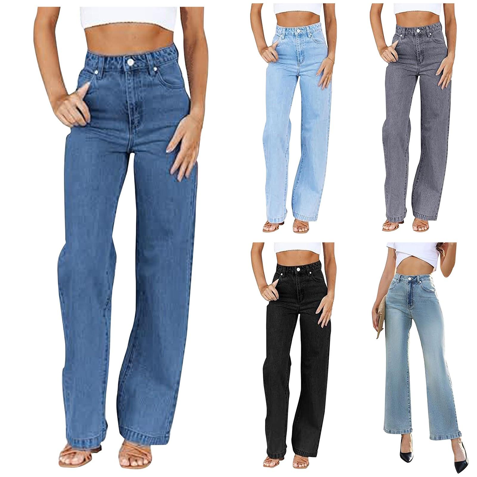Mujin Damesjeans met middelhoge taille en rechte pijpen, losse rekbare lichtgewicht trendy jeans