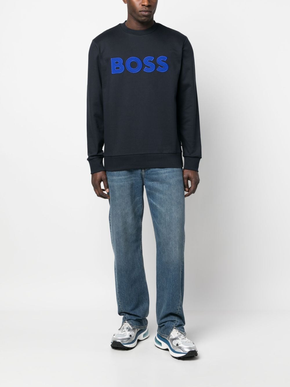 BOSS Sweater met logopatch - Blauw