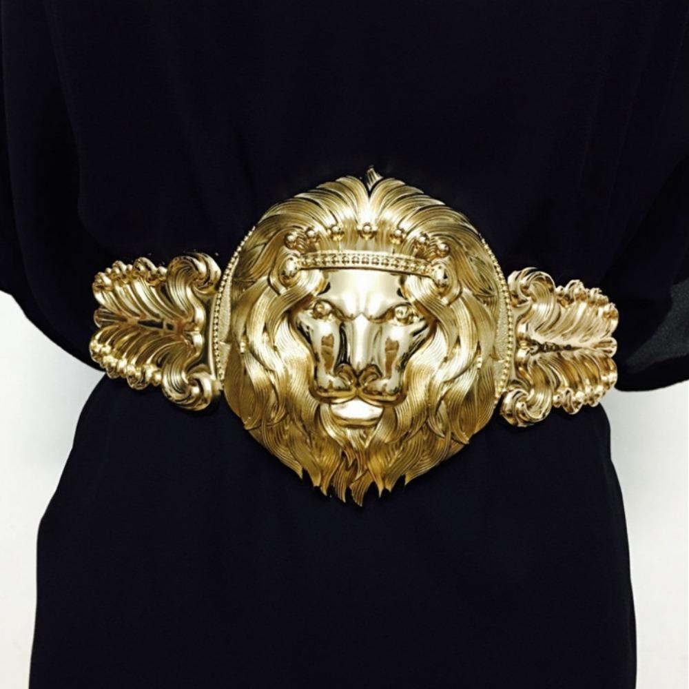 NatonVigo Kunstleer dames elastische riemgesp Gouden Leeuw tailleomslag Universele metalen brede tailleband