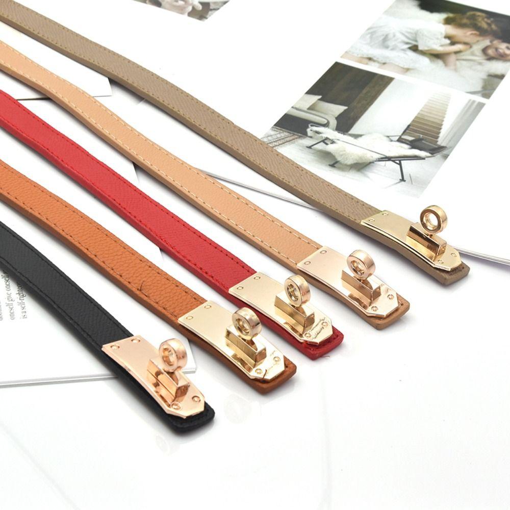 ErmuTobu Solid Color PU Leather Waistband PU Leather Thin Belt Trendy Lock Buckle Belts  Dress