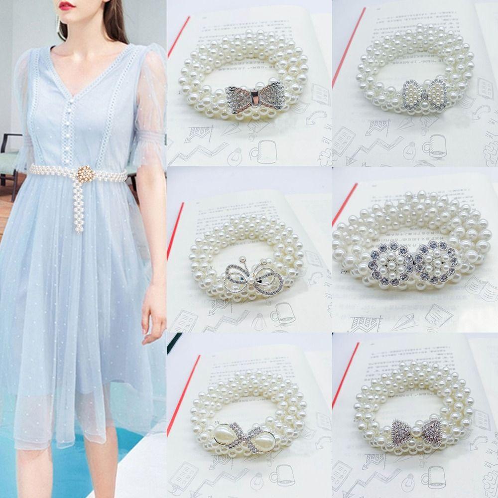 HotshoVigo Clothing Supplies Pearl Waist Belt Sweater Decorative Diamond Waist Chain Elastic Belt  Women