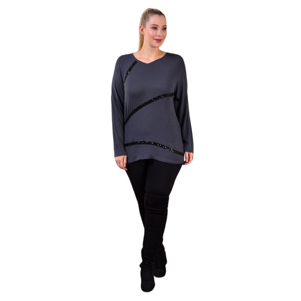 Fierte Women's Plus Size Blouse Rg4702 V Neck Long Sleeve Sequin Stripe Detail Slim Knitwear Smoked Black Navy Tile