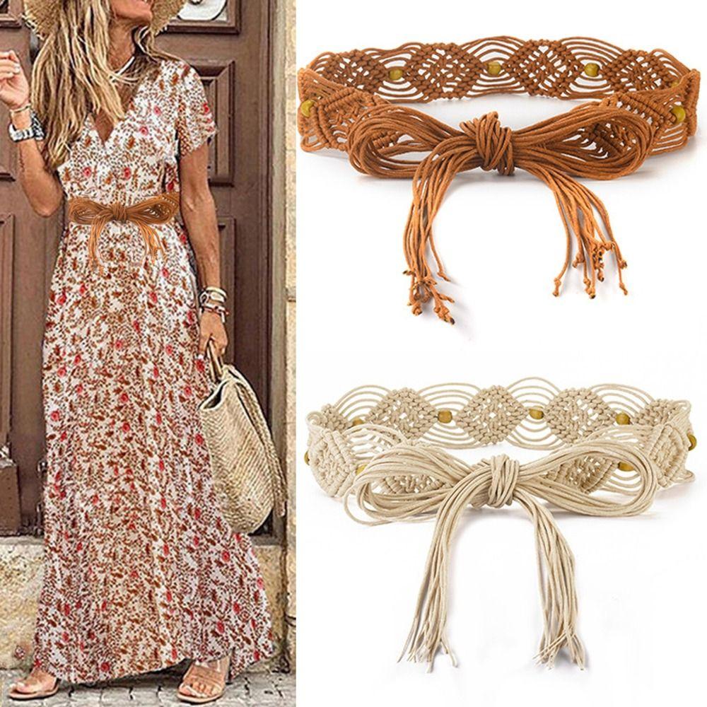 Minat Waist Rope Beads Wax Rope Women Waist Chain Round Wooden Button Ethnic Style Belts Braided Belt