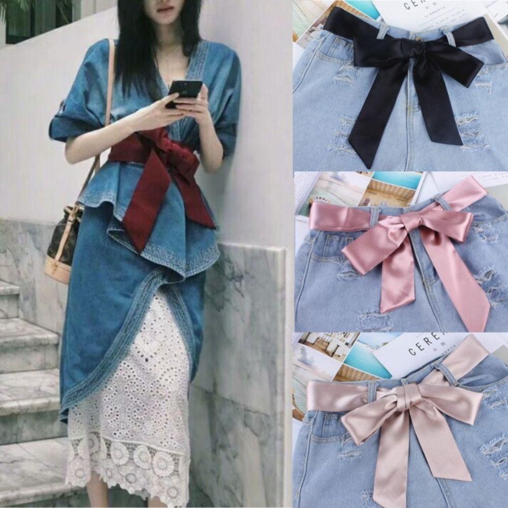Qianchangfu Waistbands Wide Waist Belts Solid Color Silk Wide Belt Fashion Long Scarf  Ladies