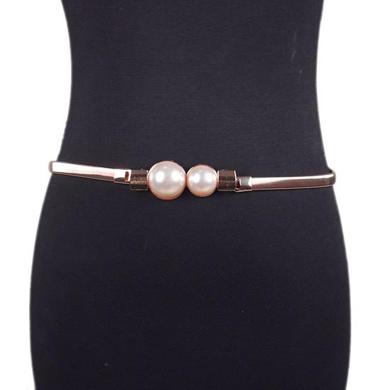 Fency K Women Summer Belt Metal Elastic Waist Chain Faux Pearl Decor Elegant Round Metal Waist Belt Garment Accessories