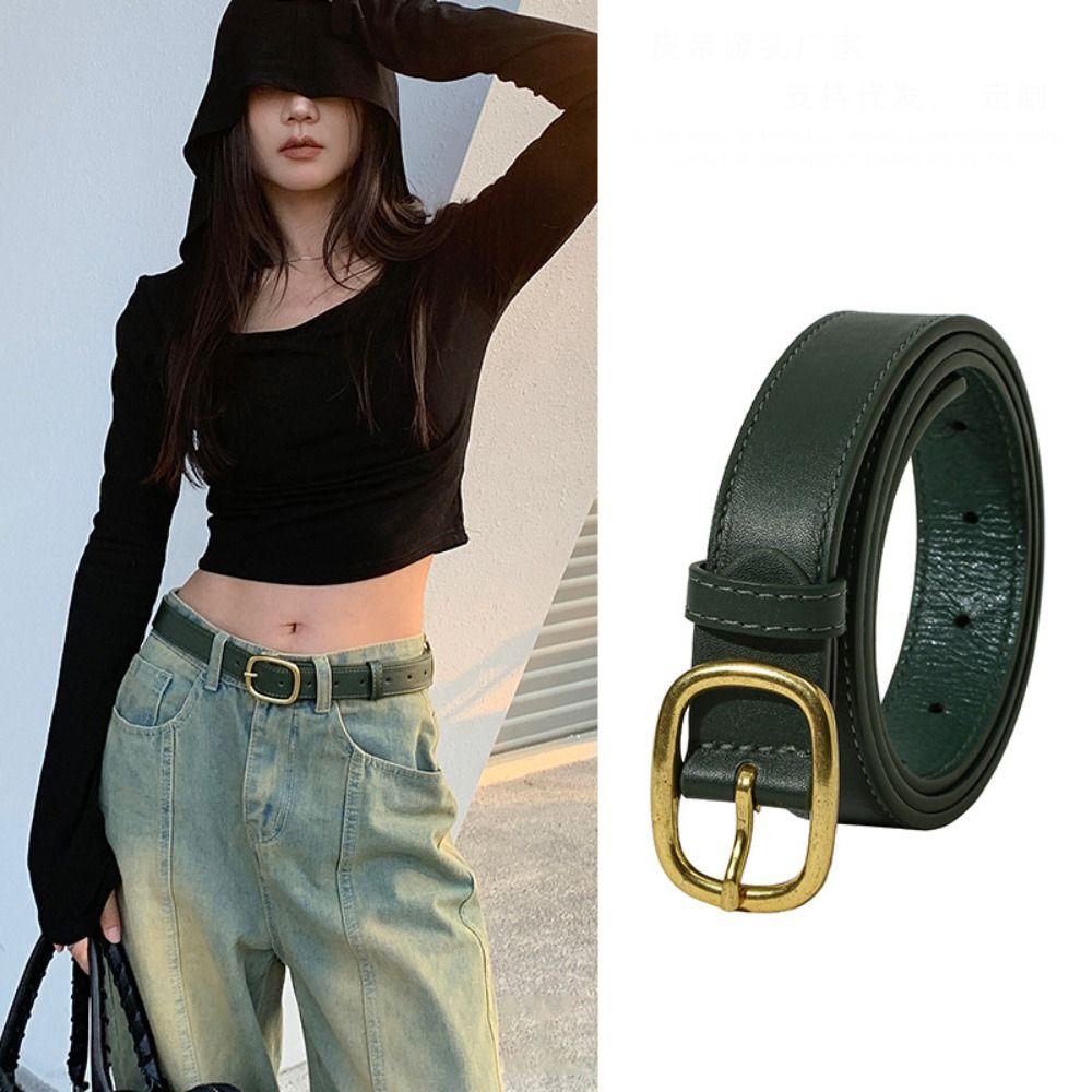 Dongke Versatile Leather Belt Casual Jeans Belt Chic Thin Waist Strap