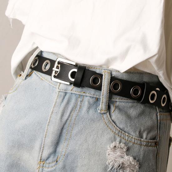 Jiantengxujm Women Thin Pants Belt Metal Buckle Faux Leather Waistband Adjustable Length Multi Holes Design Jeans Belt