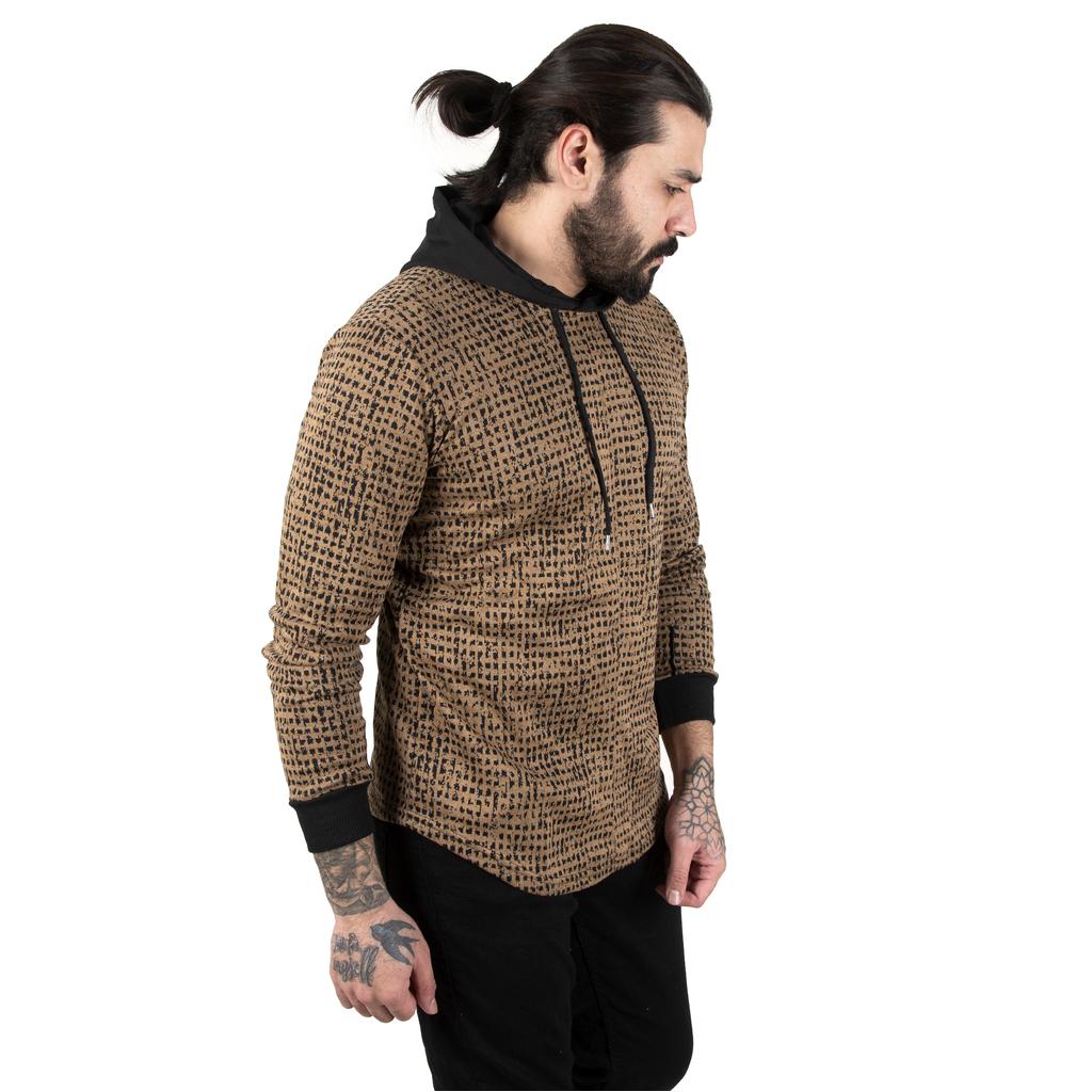 DeepSea Pixel Detailed Sleeves Ribbed Skirt Oval Cut Hooded Men's Sweatshirt 2303084