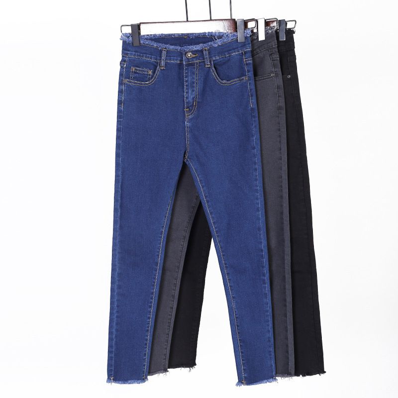 BOOSKU Women Casual Stretch Trousers High Waist Hole Loose Jeans Denim Sweet Nine Pants