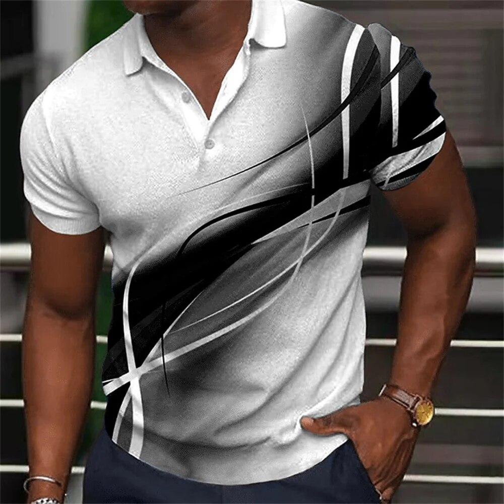 Nihao Fashion Men'S Polo Shirt Gradient Line Summer Short Sleeve TShirts Casual Daily Lapel Tops Tees Striped T Shirt For Man Clothing