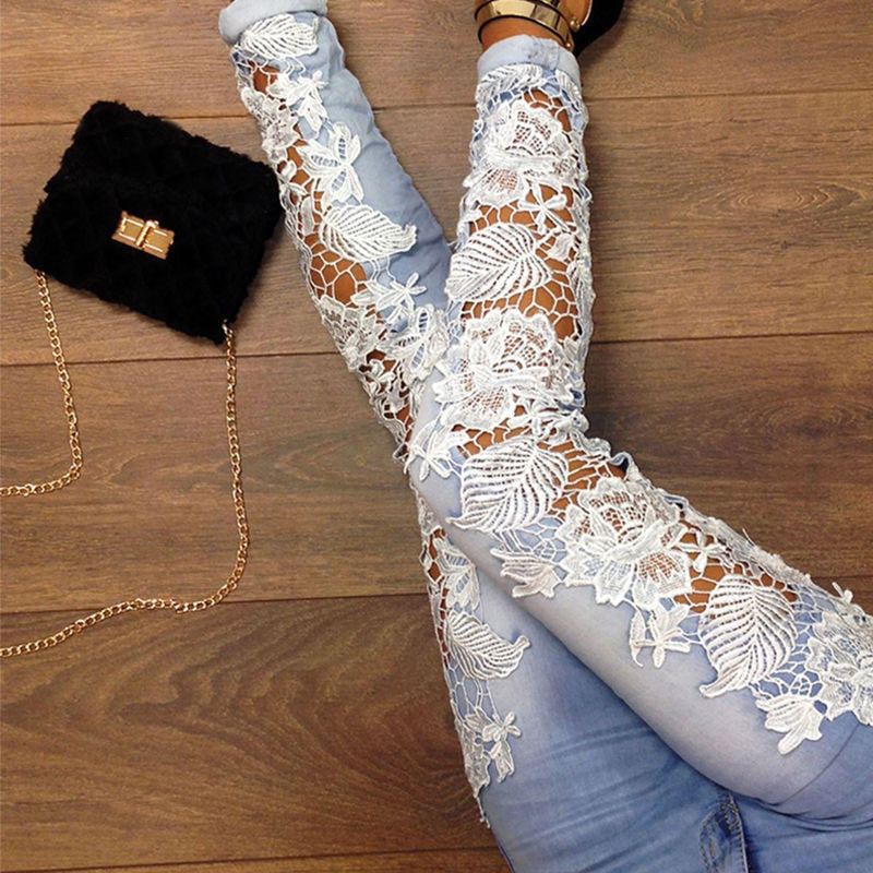 Hapyline Vrouwelijke jeans met bloemmotief, kanten split aan de zijkant, uitgeholde slim-fit broek