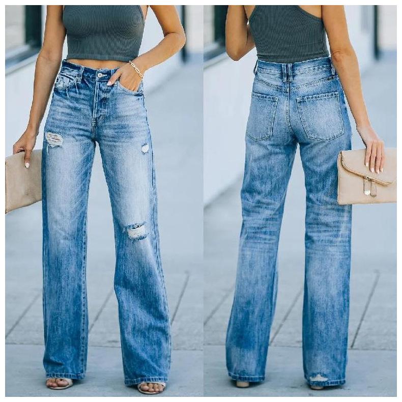 Lucky Variety Women Retro Long Denim Pants Hole Solid  Wide Leg Jeans