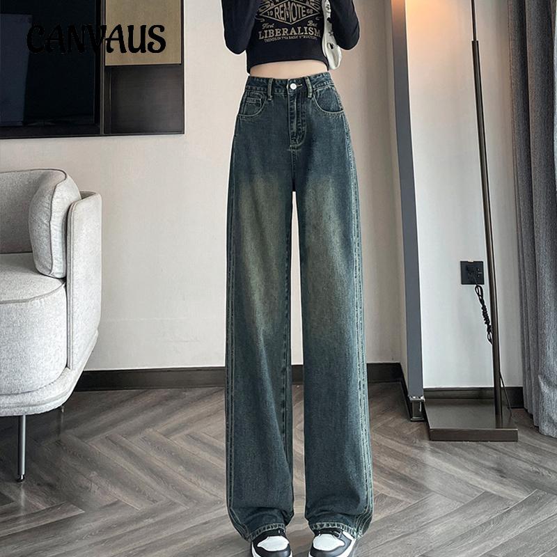 CANVAUS Rechte jeans Lente en herfst Damesbroek met hoge taille, losse gedrapeerde wijde pijpen Denim jeans