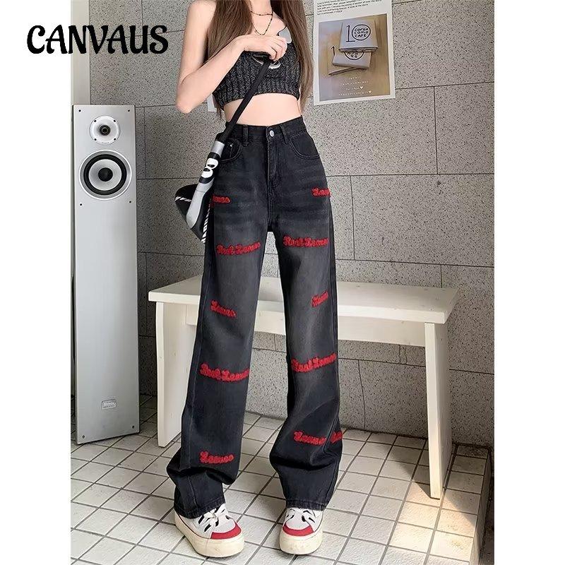 CANVAUS Spring and Autumn Women's Jeans Plus Size Loose Slim High Waist Wide Leg Straight Pants