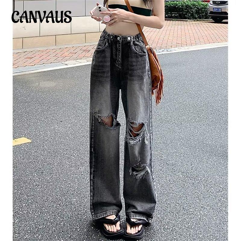 CANVAUS Retro hoge taille gebroken gaten grote maten jeans dames lente en herfst losse rechte broek met wijde pijpen Design Sense Drag-broek