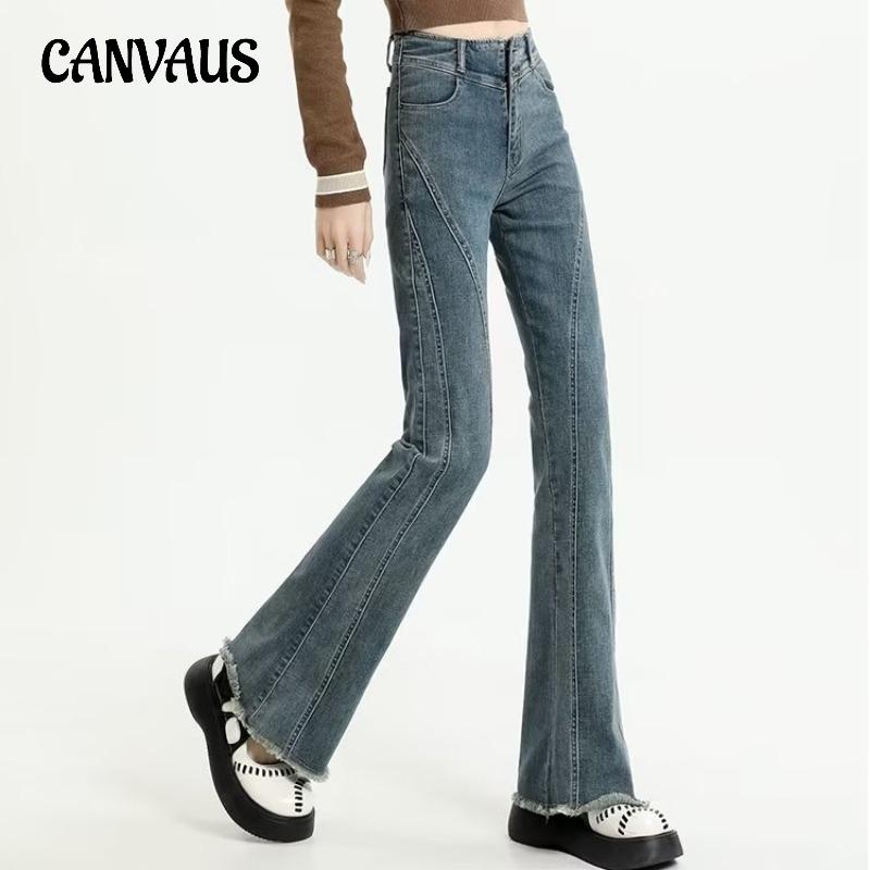 CANVAUS Vintage Micro Spicy Lah Jeans Women Spring and Fall Large Size Pants Splicing Raw Edge High-waisted Flared Pants