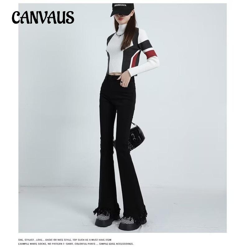 CANVAUS Micro Slim High Waist Jeans for Women Spring Autumn Vintage Fringed Raw Edge Flared Pants