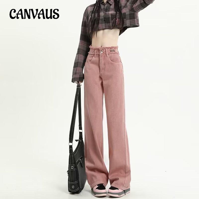 CANVAUS Pink Jeans for Women Spring Autumn High Waist Wide Leg Drag Pants