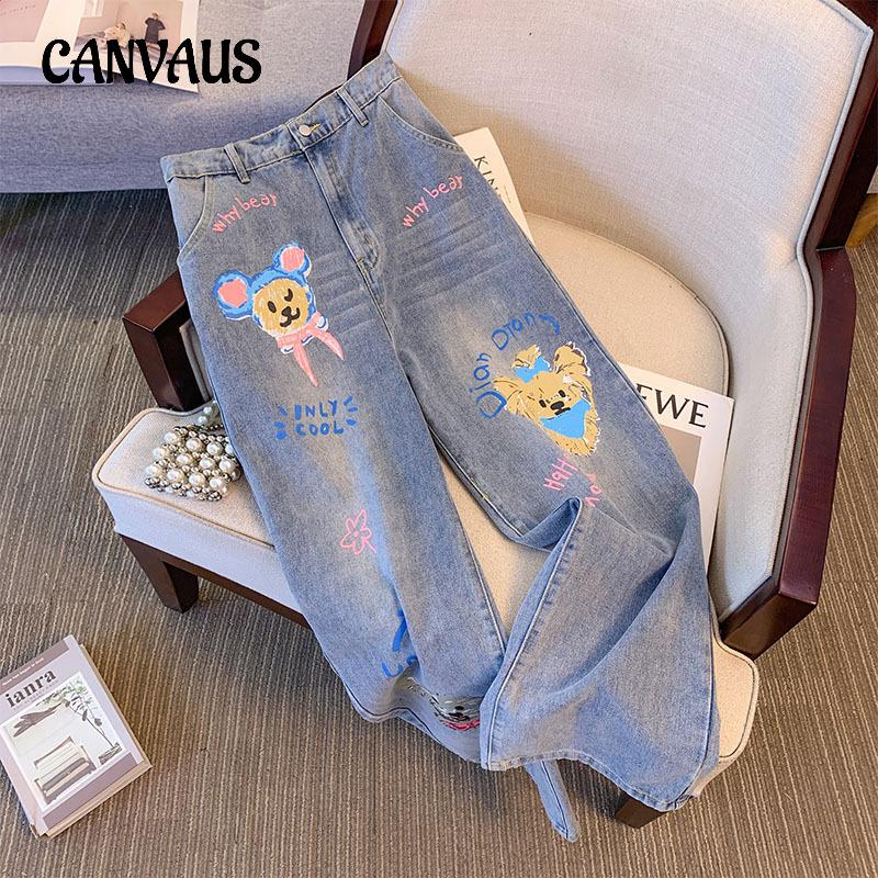CANVAUS Spring Summer Autumn Women's Jeans Plus Size Printed Elastic Waist Straight Pants