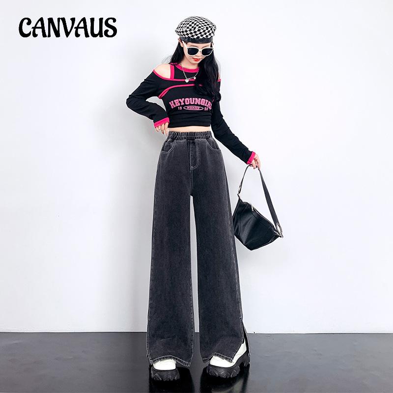 CANVAUS Denim Trousers Wide Leg Pant Casual Straight Wide Elastic Tight High Waist Thin Plus Size Women's Jeans