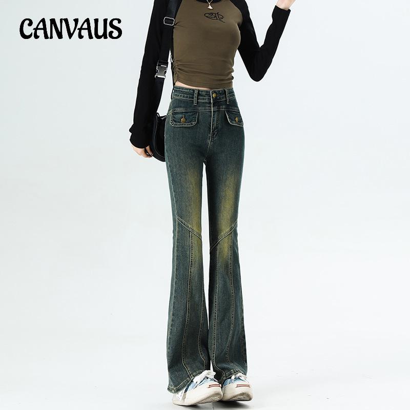 CANVAUS Spring and Summer Women's Jeans Vintage High-waisted Micro-large Pant Slim Thin Flared Trousers