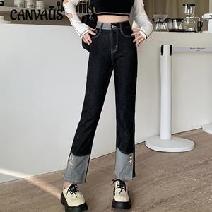 CANVAUS Spring and Autumn Women's Jeans Splicing Plus Size Women's Fashion High-waisted Straight Trousers