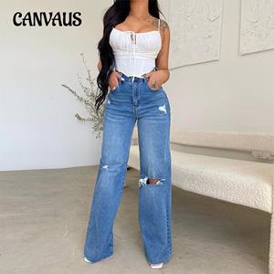 CANVAUS Spring Summer Women's Jeans Long High Waist Trousers Ripped Raw Edge Comfortable Wide Leg Pants