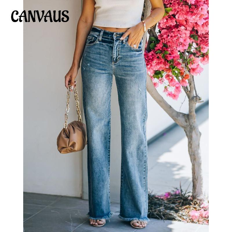 CANVAUS Spring Autumn Summer Women's Jeans High Waist Wide Leg Pant Raw Edge Denim Trousers