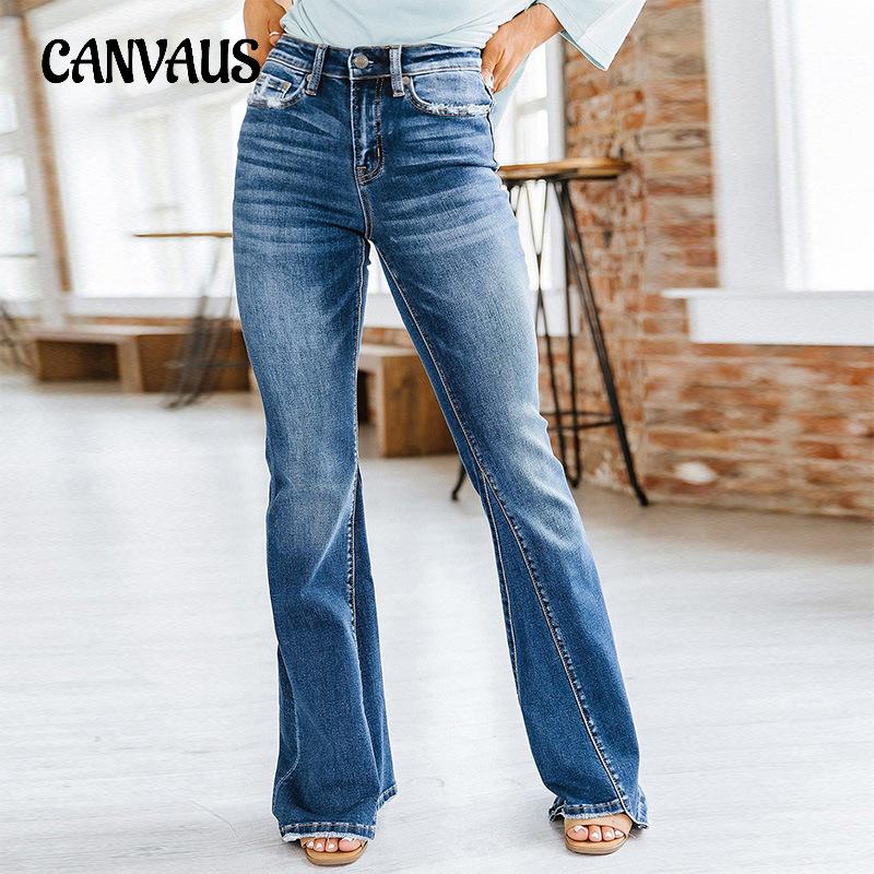CANVAUS Four Seasons Women's Jeans High Waisted Spliced Flared Trousers Long Pant
