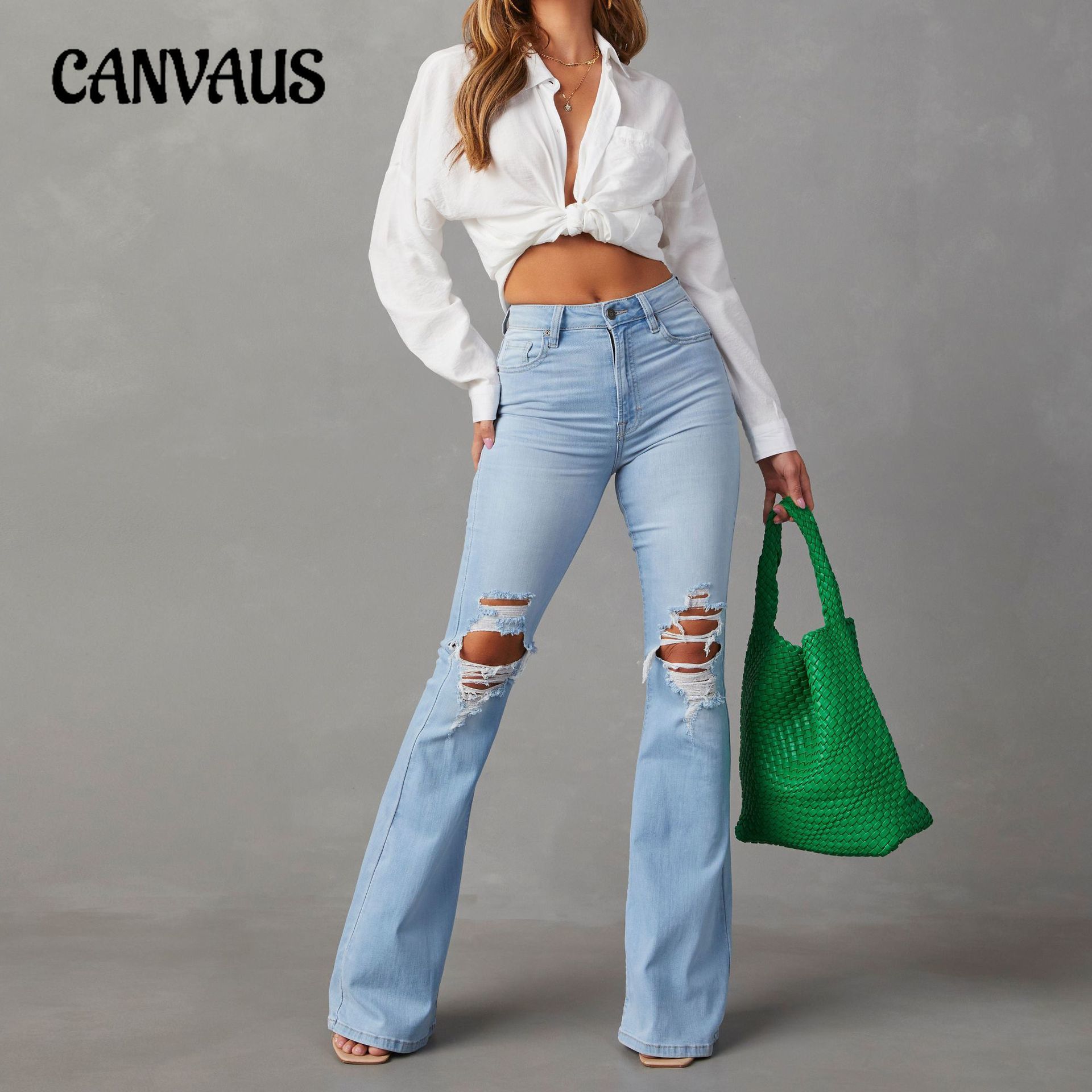 CANVAUS Spring Summer Women's Jeans High Waisted Hole Street Spice Flared Trousers Long Pants