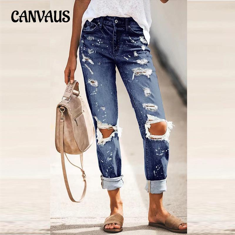 CANVAUS Summer Women's Jeans Torn Straight Pant Printed Denim Trousers