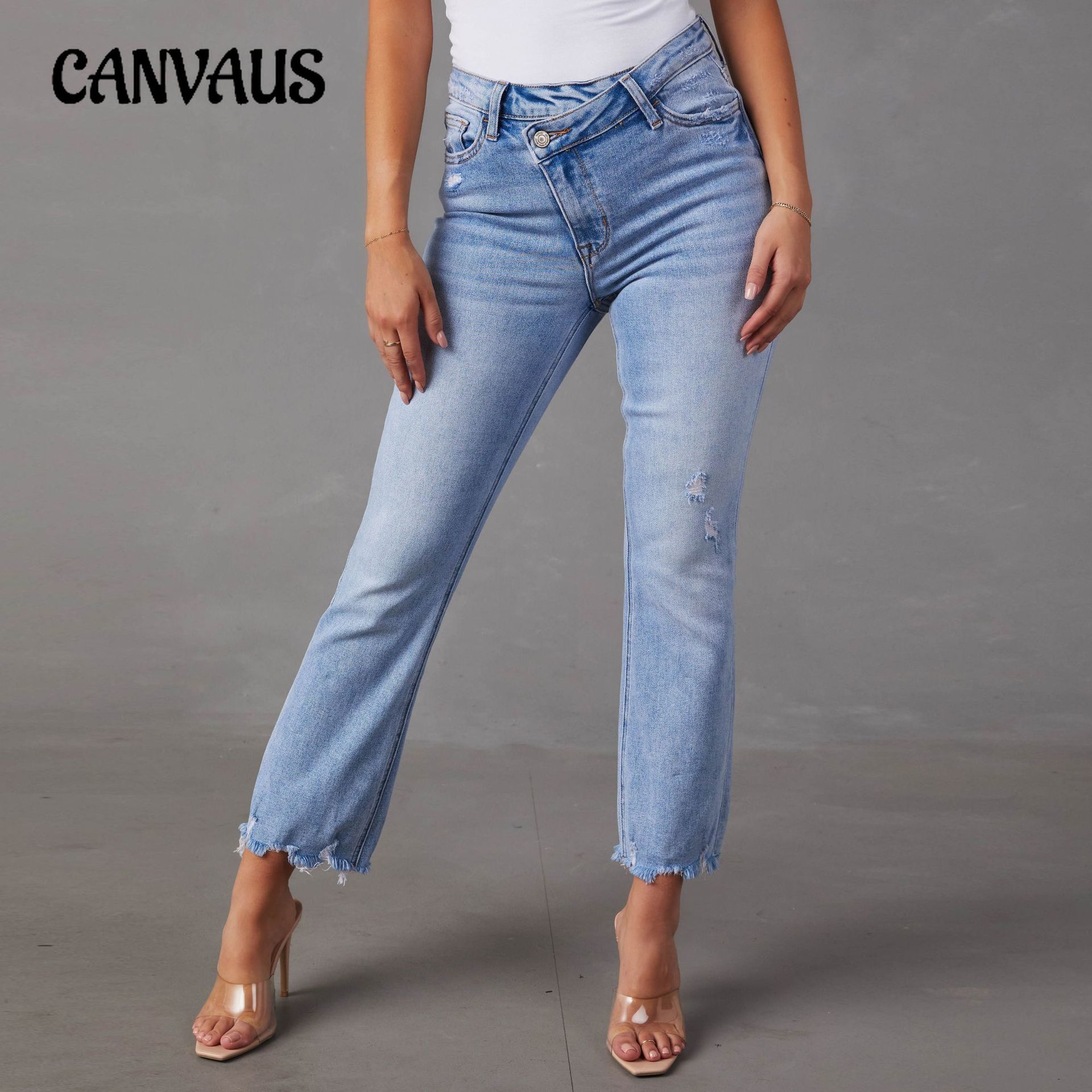CANVAUS Spring and Summer Women's Jeans Stretch Straight Pant Temperament Commuting Hole Trousers