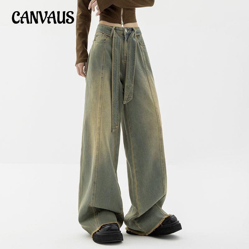 CANVAUS Vintage Style Dragging Trousers Raw Edge Jeans Women High Waist Straight Loose High Street Wide Leg Trousers