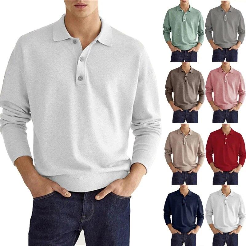 TryTry Men's Long Sleeve POLO Shirt Solid Color Lapel Button Office Commuter Business Casual Pullover Fashion Sports T-shirt S-3XL