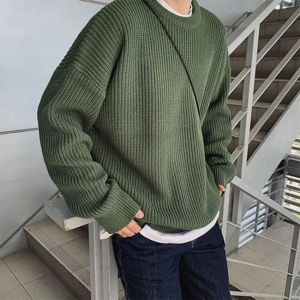 Big Thumb Korean Fashion Sweaters Men Autumn Solid Color Wool Sweaters Slim Fit Men Street Wear Mens Clothes Knitted Sweater Men Pullovers