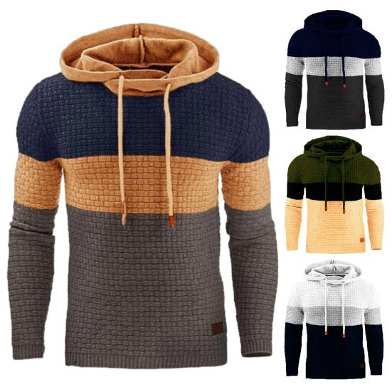 Western Cool Men Fall Winter Men Hoodie Color Block Hooded Drawstring Long Sleeves Elastic Soft Thick Warm Mid Length Sports Top