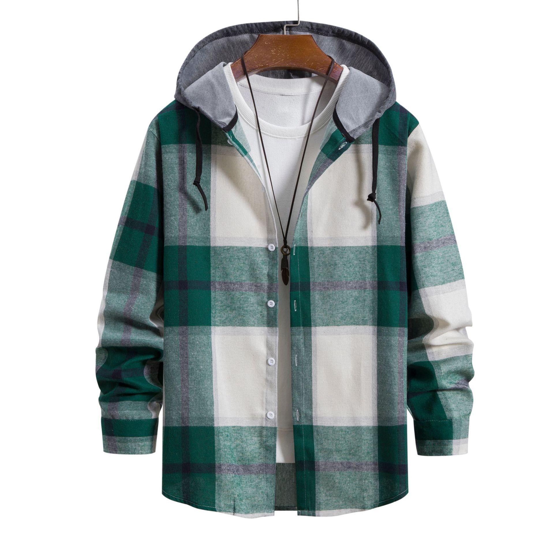 Eight Eight Men's Casual Hooded Shirt Plaid Long Sleeve Shirt Large Size Casual Hooded Cardigan