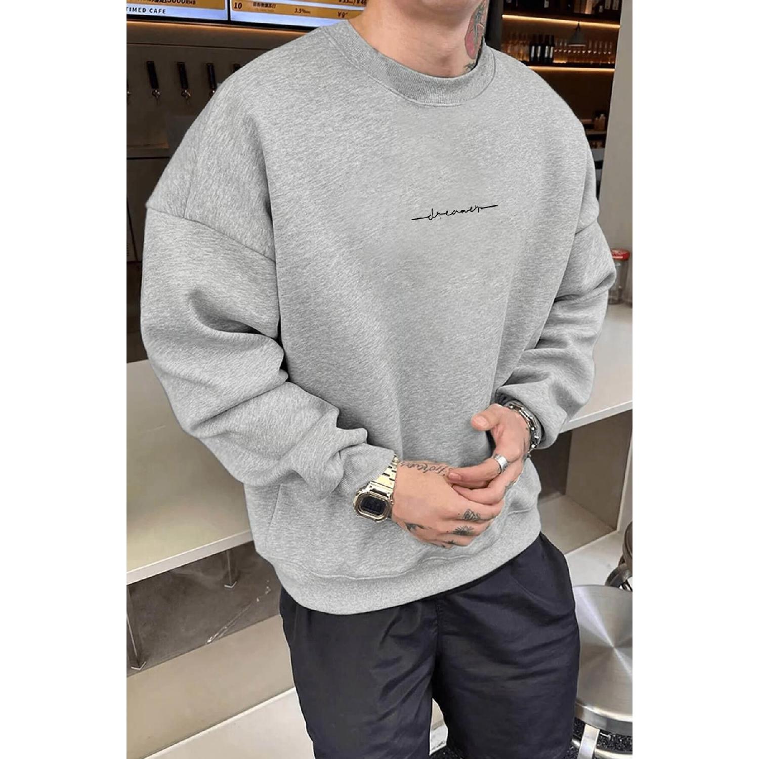 Santra Sports Wear Men's Gray Dreamer Printed 0 Crew Neck Oversize Loose Loose Fit Fleece Sweatshirt