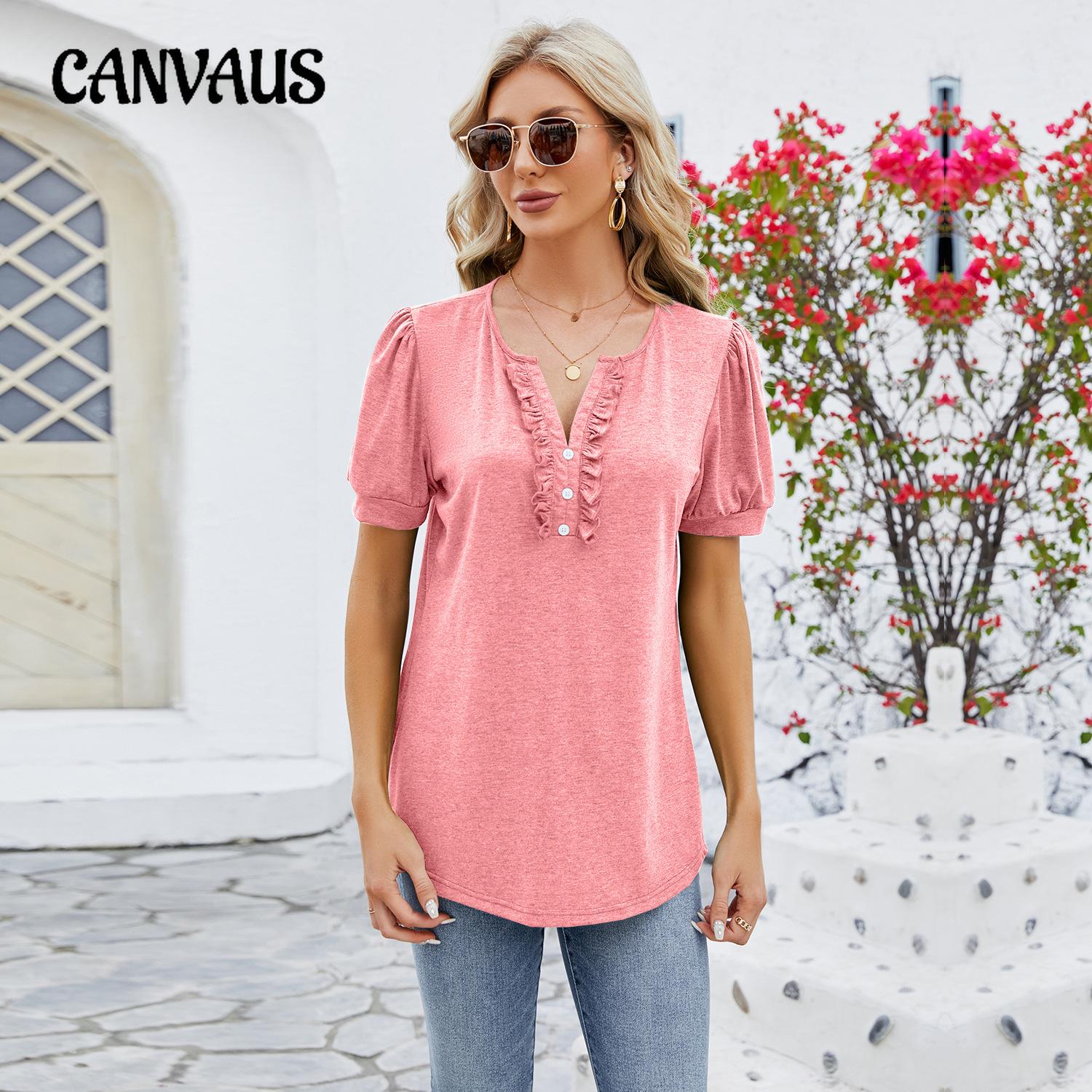 CANVAUS Summer Women's T-shirt Solid Color Women's V-Neck Button Wooden Ear Trim Short Sleeve Top
