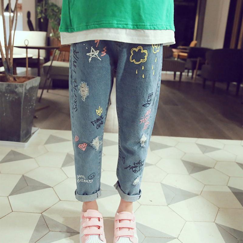 BOOSKU Child Trousers Baby Girls Holes Jeans Personality Graffiti Printing Casual Pants