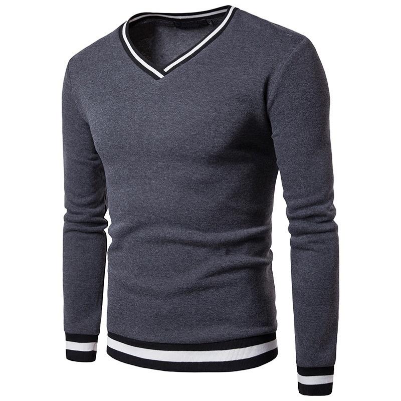 NEOLOVELY Pure Color Black and White Colorblock Luokou Men Casual V Collar Long Sleeve Sweater
